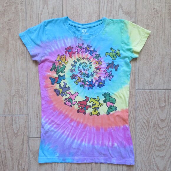 Liquid Blue Grateful Dead Bears Spiral Rainbow Tie Dye Juniors Shirt Size M - Picture 1 of 10